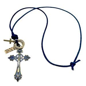 Cross Charm Necklace 26” Brass Leather Pendant Crucifix Victorian Goth Punk